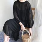 Set: Long-sleeve Perforated Knit Dress + Spaghetti Strap Dress