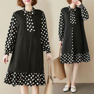 Long-sleeve Mock-two Piece Dotted Midi A-line Dress