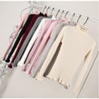 Frill-hem Ribbed Long-sleeve Knit Top