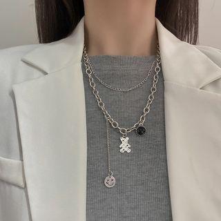 Layered Bear Charm Necklace Silver - One Size
