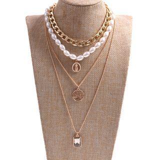 Faux Pearl Faux Crystal Alloy Coin Pendant Layered Necklace As Shown In Figure - One Size
