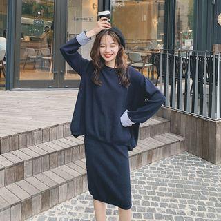 Set: Mock Two-piece Sweater + Straight-fit Knit Skirt Top + Skirt - Navy Blue - One Size
