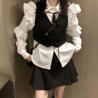 Ruffle Shirt / Single-breasted Cropped Vest / Mini A-line Skirt
