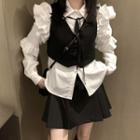 Ruffle Shirt / Single-breasted Cropped Vest / Mini A-line Skirt
