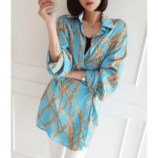 Button-side Chain-pattern Long Satin Blouse