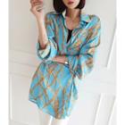 Button-side Chain-pattern Long Satin Blouse