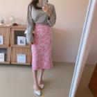 Floral Print Slit-hem Midi Skirt Pink - One Size