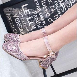 Sequined Round-toe Ankle Strap Block Heel Dorsay Pumps