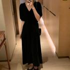 Short-sleeve Plain Velvet Dress Black - One Size