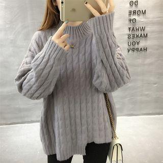 Mock Neck Asymmetric Cable Knit Sweater