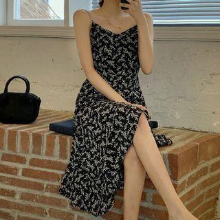 Spaghetti Strap Floral Print Ruffled Midi A-line Dress