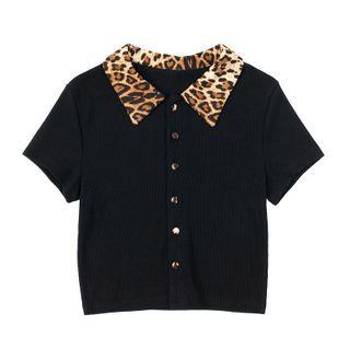 Elbow-sleeve Collared Button-up Top
