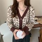 V Neck Printed Leopard Knit Long-sleeve Cardigan