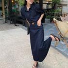 Set: Short-sleeve Denim Shirt + Midi A-line Skirt