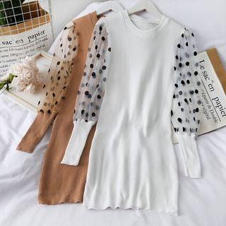 Dotted Mesh-panel Knit Mini Dress