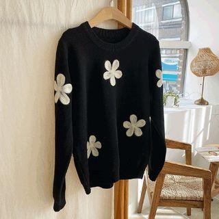 Floral Patch Knit Top Black - One Size