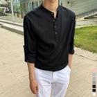 Mandarin-collar Tab-sleeve Textured Henley