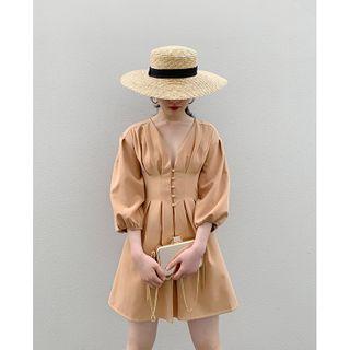 3/4-sleeve Button Mini A-line Dress