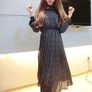 Long-sleeve Sheer Panel A-line Midi Dress