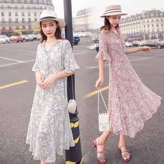 Frilled Trim V-neck Floral Print A-line Dress