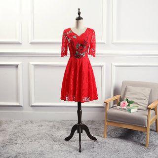 Embroidered Short-sleeve A-line Lace Cocktail Dress