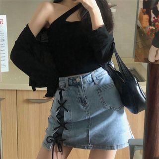 Denim Lace-up Mini A-line Skirt / Cropped Camisole Top / Cardigan / Set