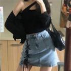 Denim Lace-up Mini A-line Skirt / Cropped Camisole Top / Cardigan / Set