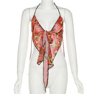 Halter Neck Print Crop Tank Top