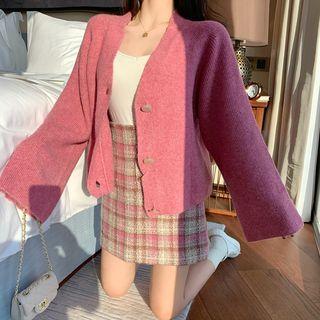 Long-sleeve Plain Cardigan / High-waist Plaid Skirt