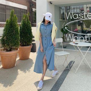 Gathered-waist Maxi Denim Shirtdress Light Blue - One Size