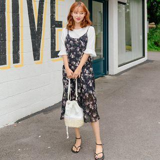 Set: Frill-hem Floral Long Pinafore Dress + Bell-cuff T-shirt