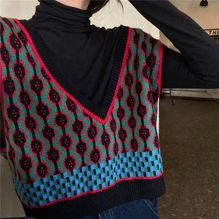 Long-sleeve Mock Neck Plain Top / Pattern Printed Knitted Vest