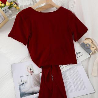 Wrap-front Short-sleeve Cropped T-shirt
