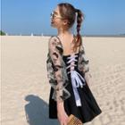 Puff-sleeve Floral Print Panel Lace-up Swimdress