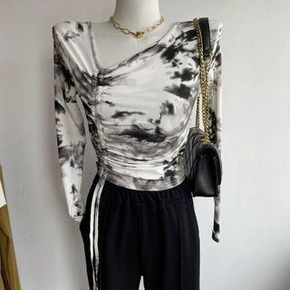 V-neck Tie-dye Pleated Drawstring Cropped Top