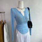 V-neck Plain Button-up Pocket Cropped Top