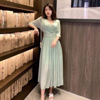 3/4-sleeve Crinkled A-line Midi Dress