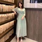 3/4-sleeve Crinkled A-line Midi Dress