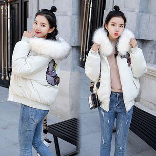 Furry-trim Embroidered Zip Padded Jacket