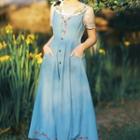 Set: Short-sleeve Flower Embroidered Blouse + Midi Overall Dress