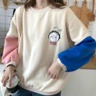 Cartoon Embroidered Color Panel Pullover