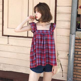 Frill-shoulder Sleeveless Plaid Top