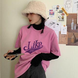 Mock-turtleneck Long-sleeve Top / Short-sleeve Lettering T-shirt
