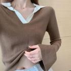 Bell-sleeve Collared Knit Top