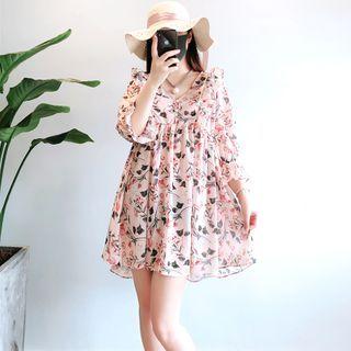 Flower Print 3/4-sleeve Mini Shift Dress