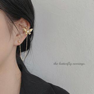 925 Sterling Silver Butterfly Chained Earring 1 Pairs - Silver Needle - Gold-plated - As Shown In Figure - One Size