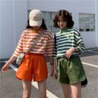 Striped Embroidered Elbow-sleeve T-shirt / Elastic-waist Wide-leg Shorts
