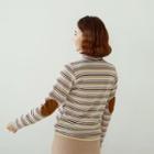 Turtle-neck Elbow-patch Stripe Top
