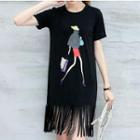 Cartoon Print Fringe Hem Short Sleeve Tunic