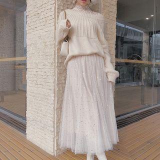 Set: Bow Accent Sweater + Sequined Mesh Maxi A-line Skirt